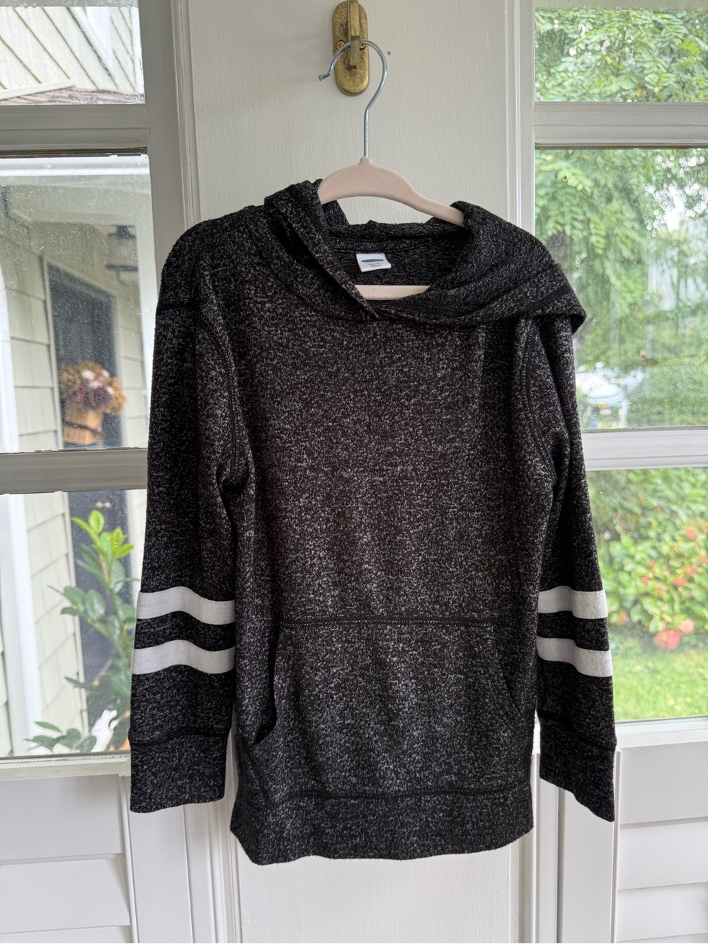 Old Navy Black Marled Crewneck Hoodie Sweater with White Arm Stripes 5T